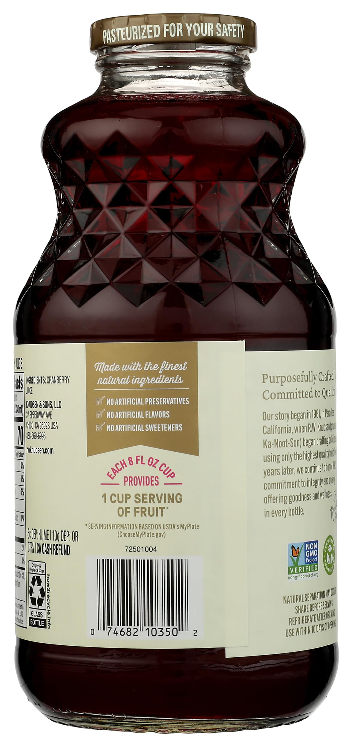 R.W. Knudsen Just Cranberry Juice 32oz glass display, rich color hints at bold flavor.