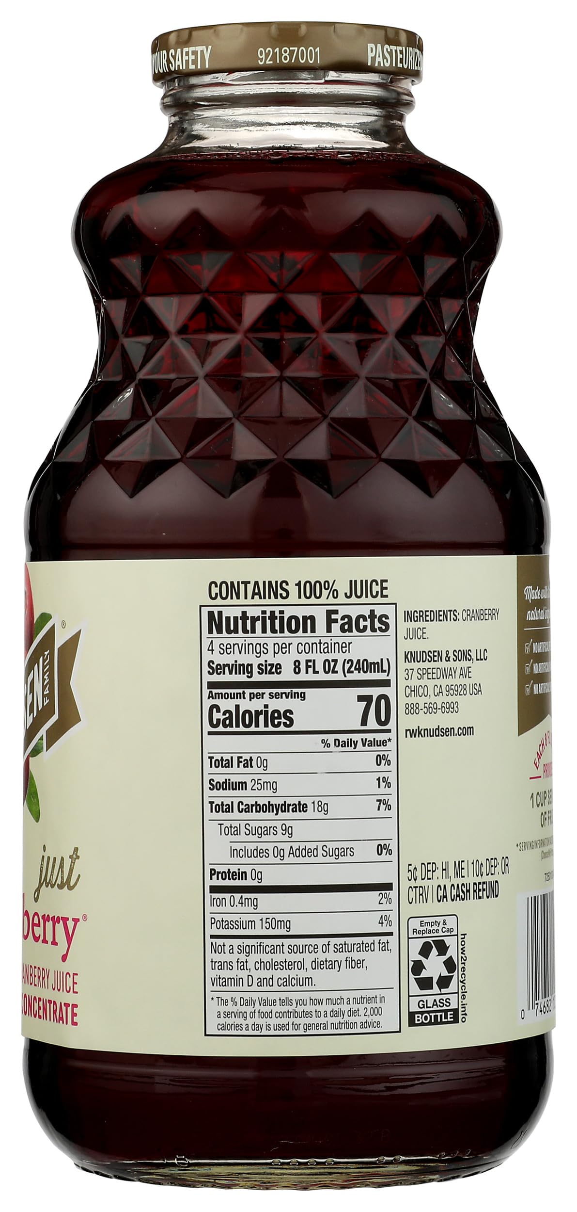 R.W. Knudsen Just Cranberry Juice 32oz ingredient-label, no artificial additives.