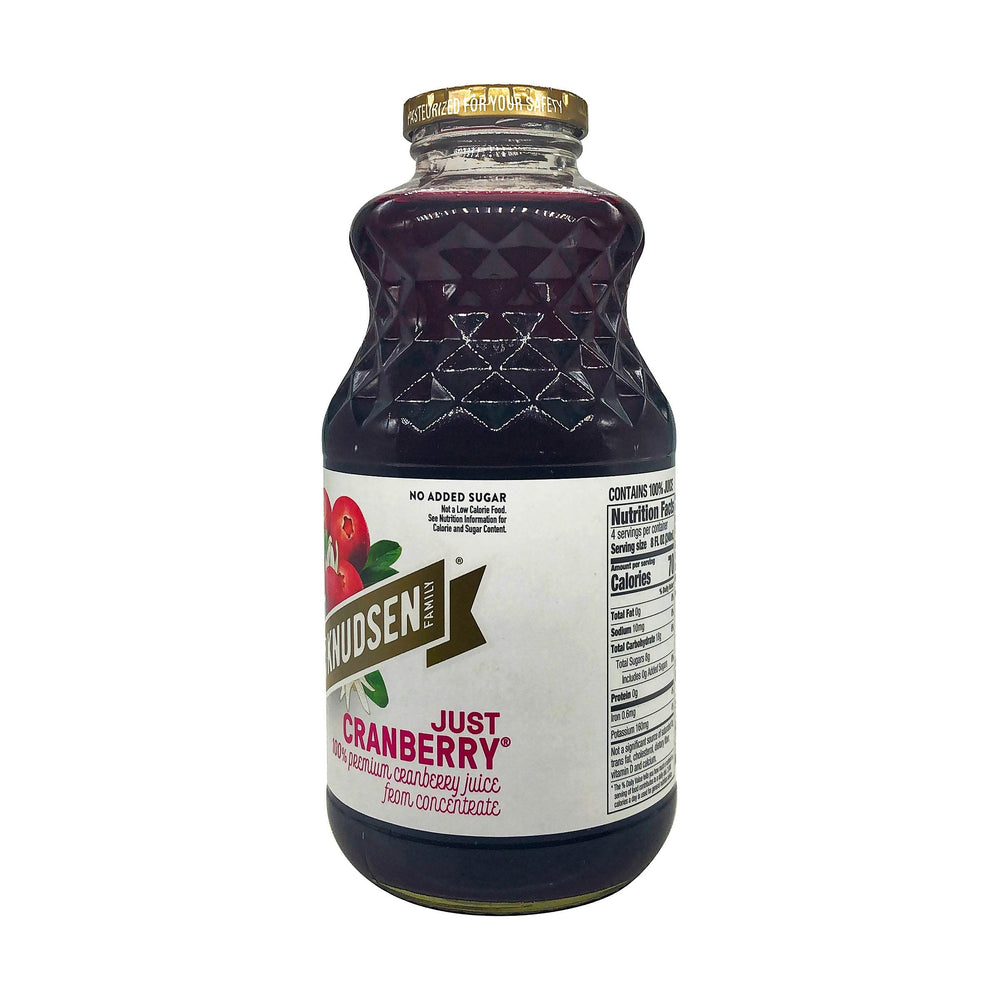 R.W. Knudsen Just Cranberry Juice 32oz label closeup, notes of authenticity and natural origin.