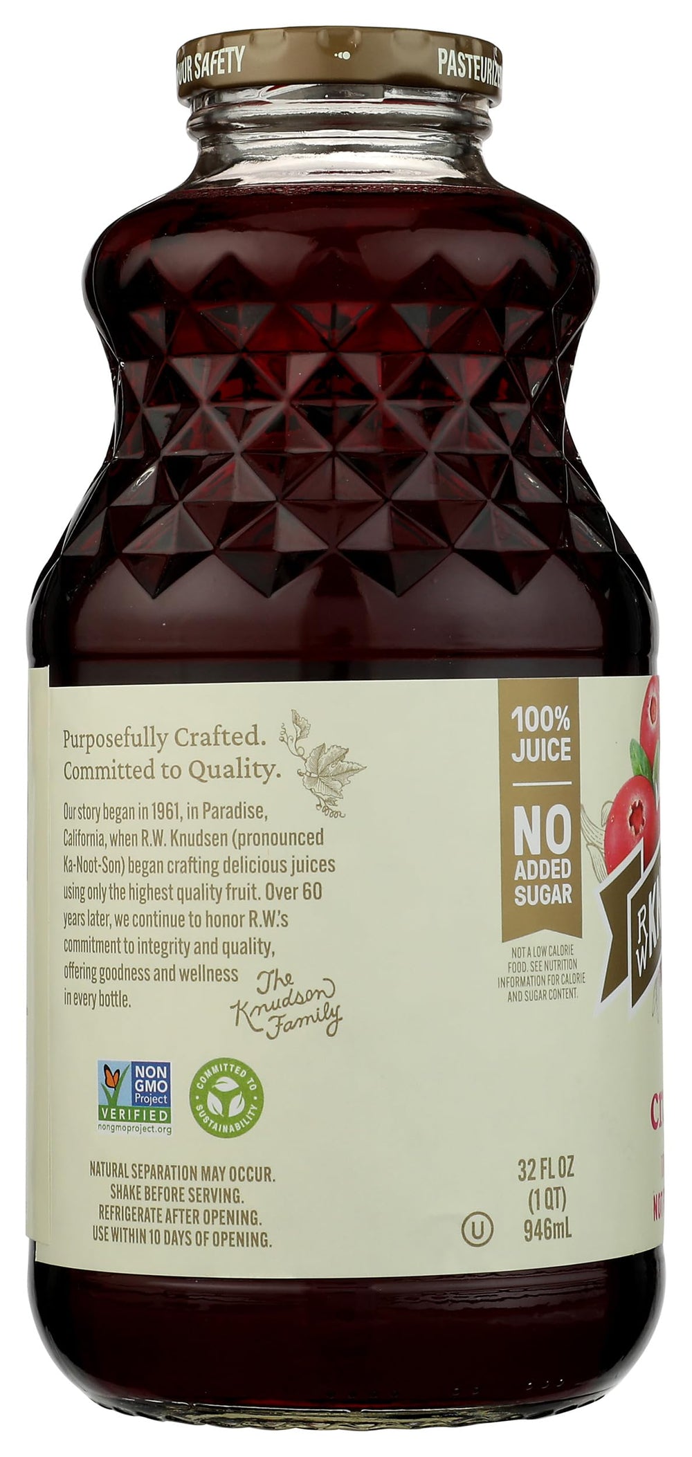 R.W. Knudsen Just Cranberry Juice 32oz open-pour, ready for everyday recipes.