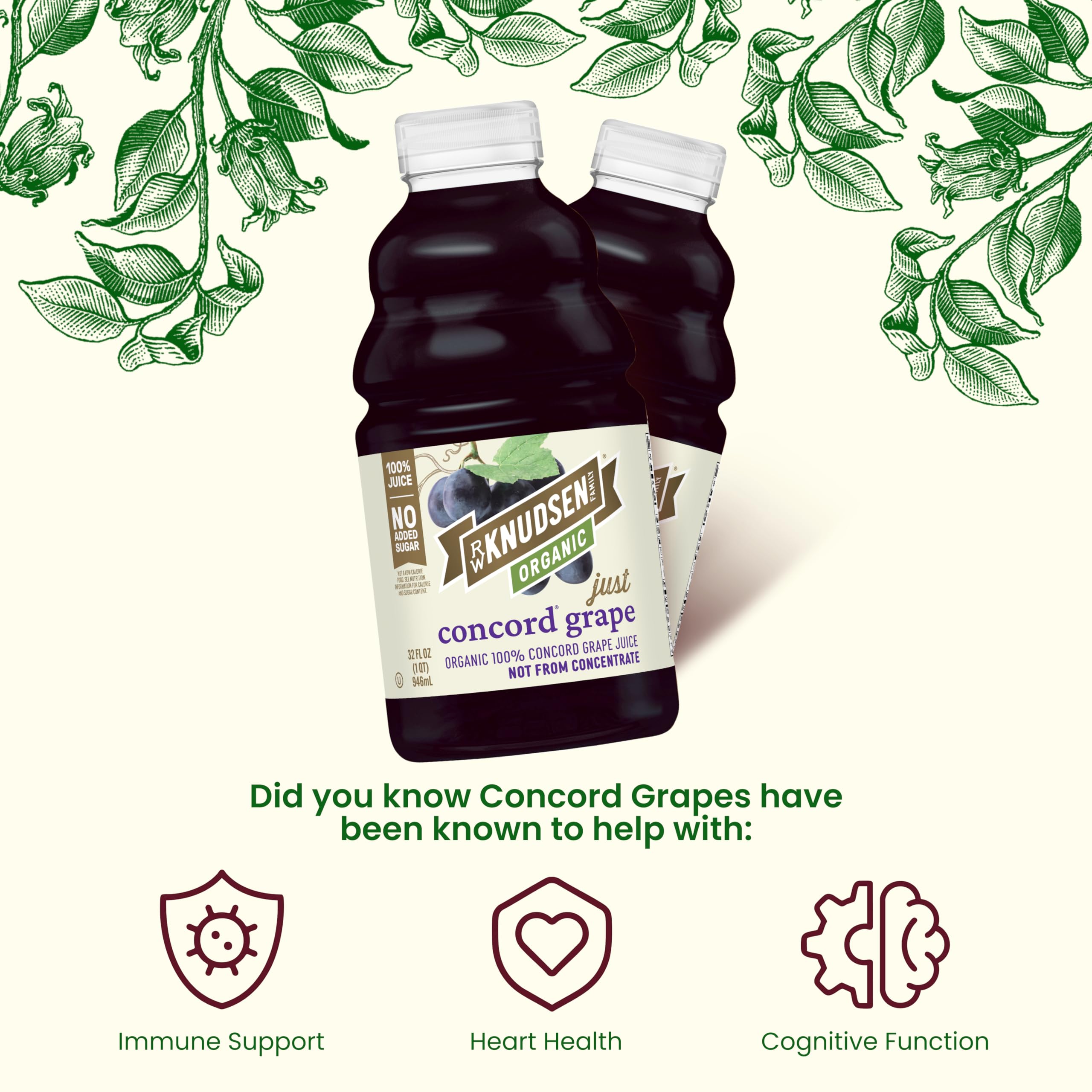 R.W. Knudsen Organic Just Concord Grape Juice glass—enjoy on the rocks with no added sugar.