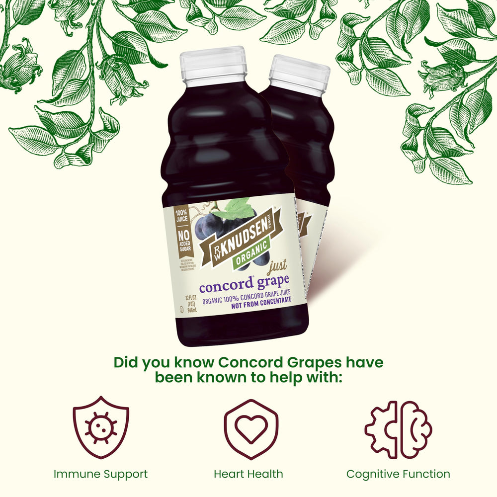 R.W. Knudsen Organic Just Concord Grape Juice glass—enjoy on the rocks with no added sugar.