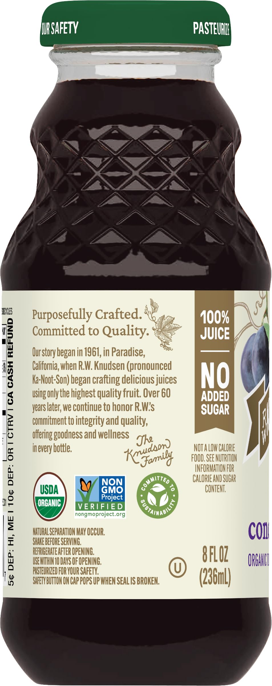 R.W. Knudsen Organic Just Concord Grape Juice label front shows USDA Organic status.