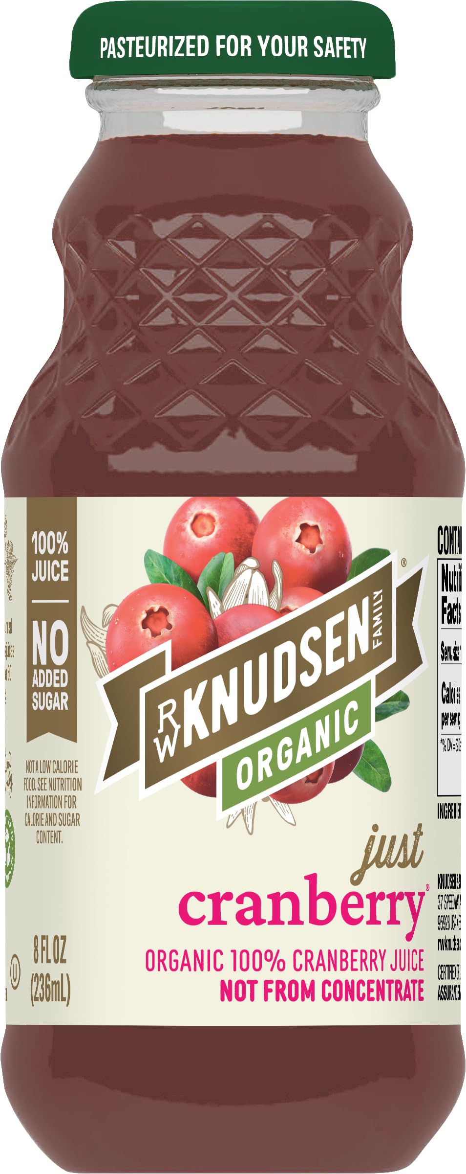 R.W. Knudsen Organic Just Cranberry Juice bottle front shows pure, tart flavor