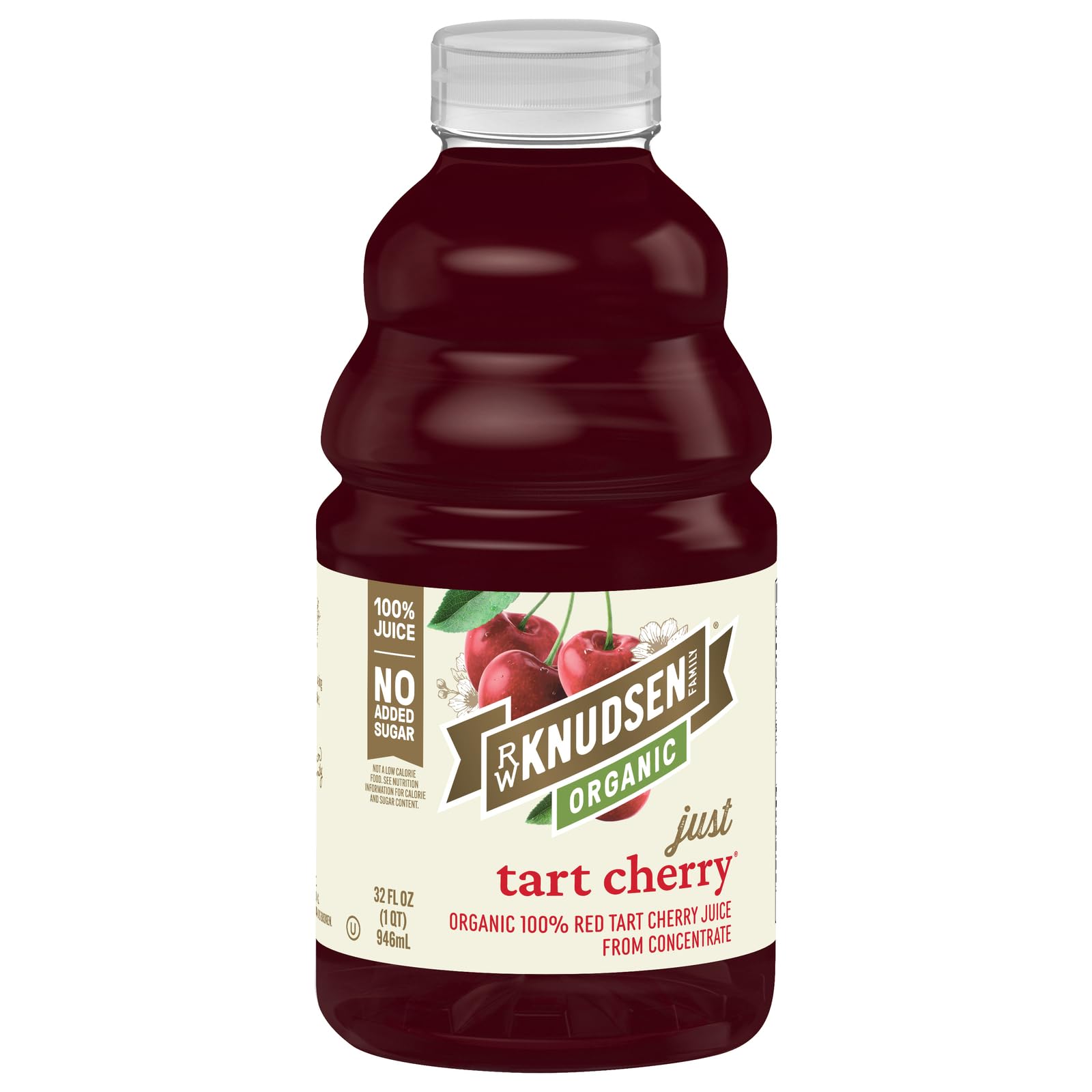R.W. Knudsen Organic Just Tart Cherry Juice bottle front, ideal for smoothies and mocktails.