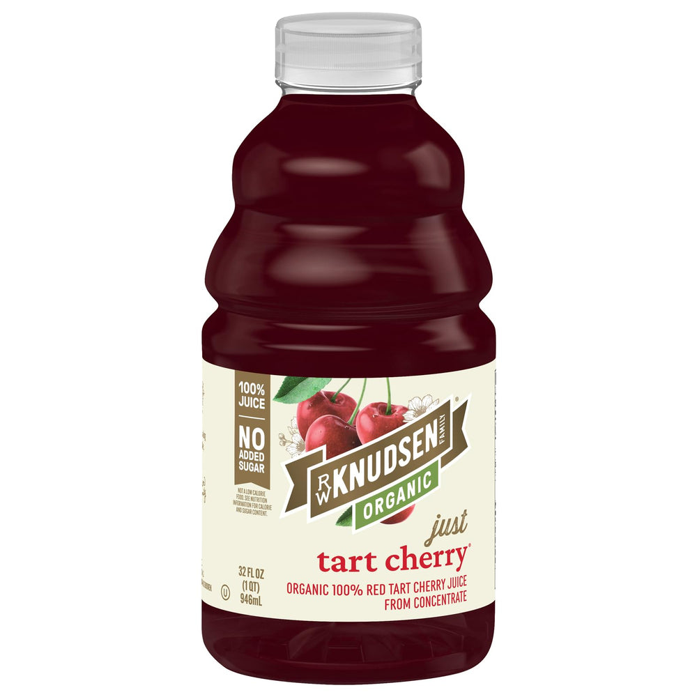 R.W. Knudsen Organic Just Tart Cherry Juice bottle front, ideal for smoothies and mocktails.