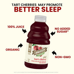 R.W. Knudsen Organic Just Tart Cherry Juice bottle side view highlighting simple ingredients.