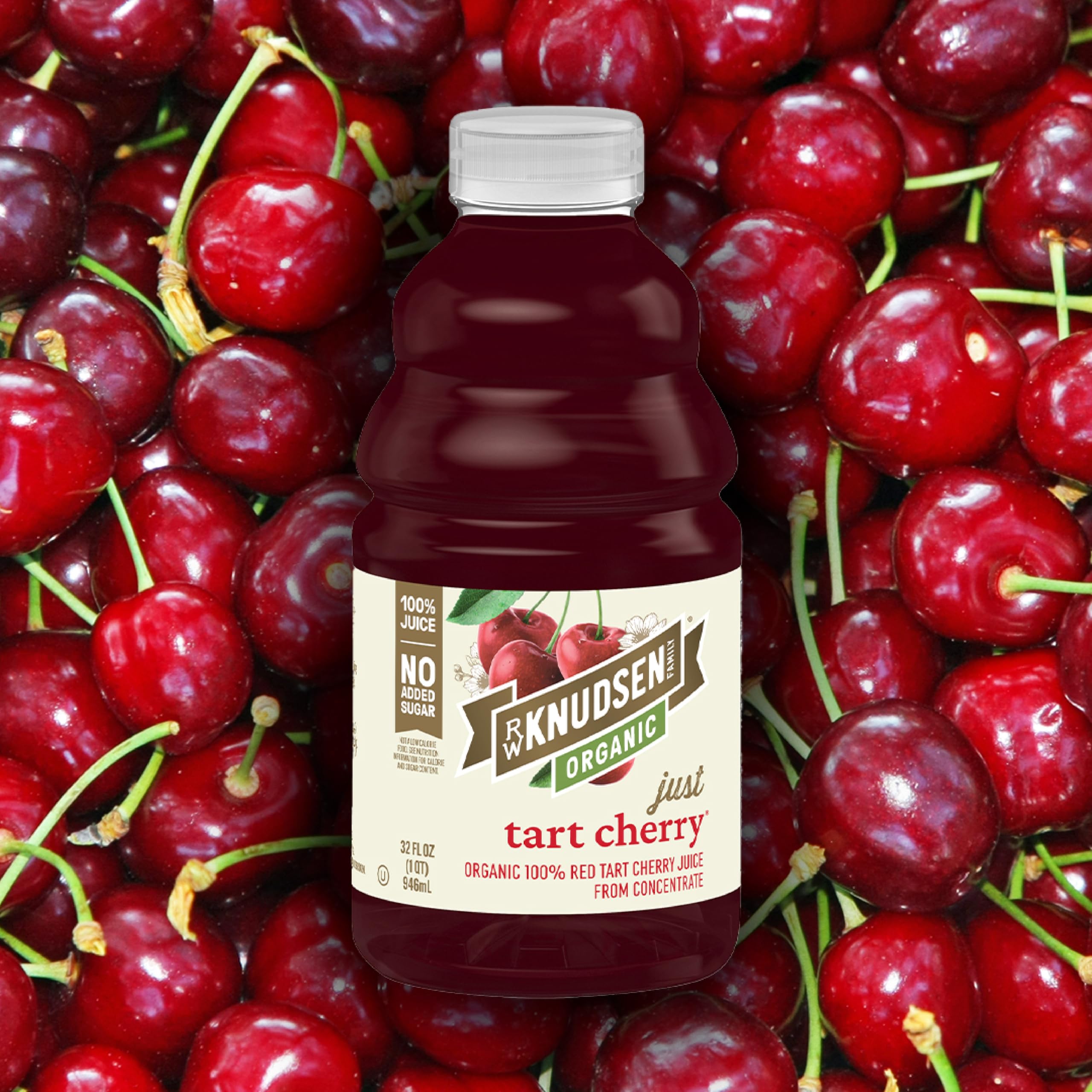 R.W. Knudsen Organic Just Tart Cherry Juice bottle with smoothies for healthy refreshment.