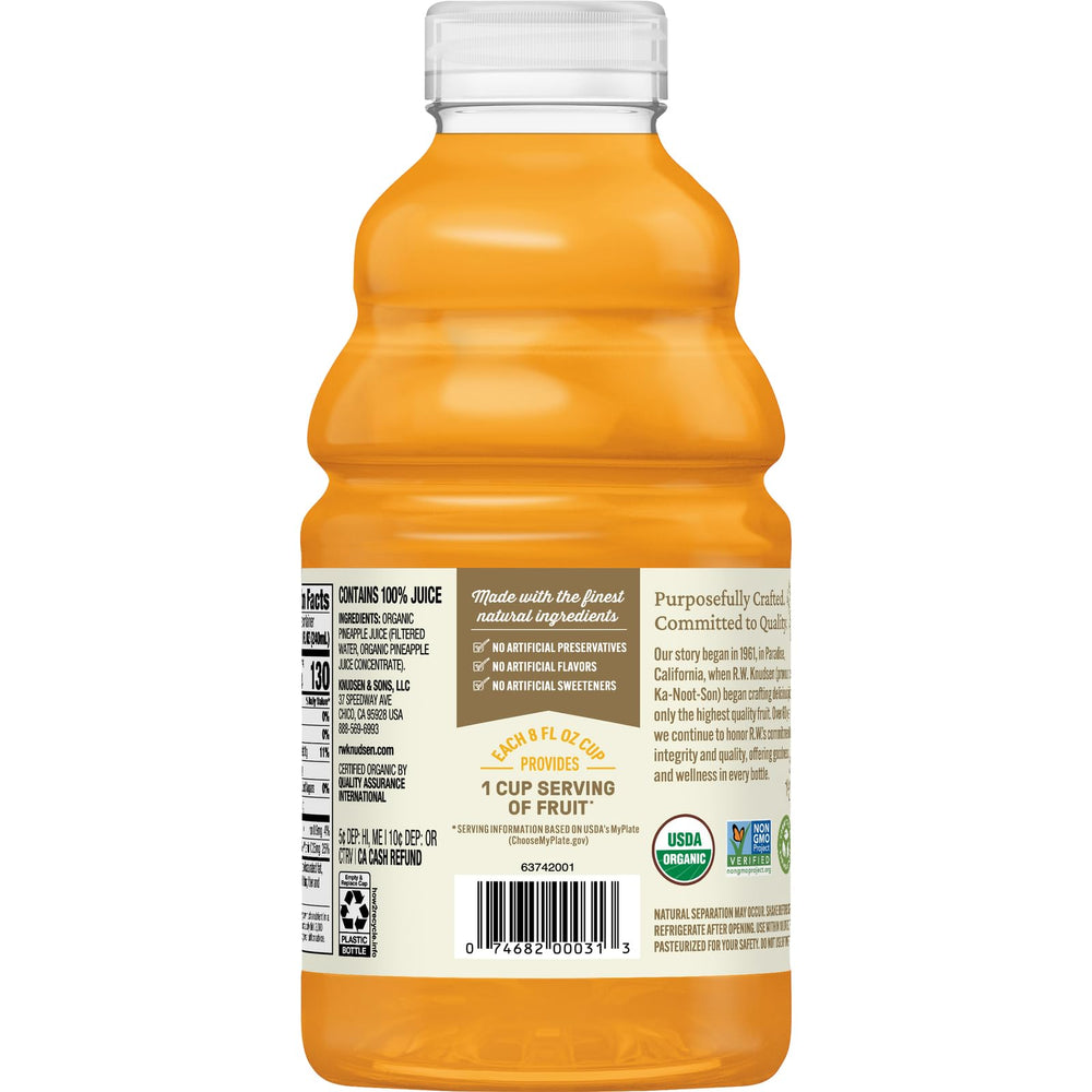RW Knudsen Organic Pineapple Juice organic-cert crest, indicates non-GMO and no sugar added.