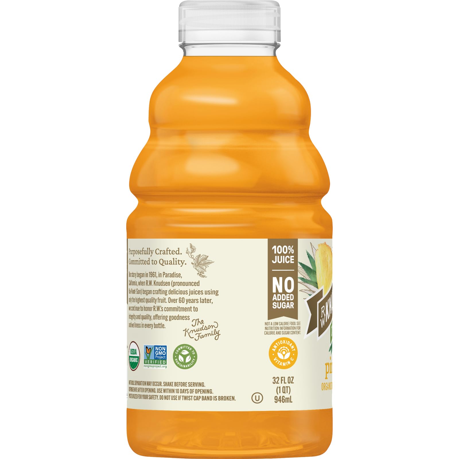 RW Knudsen Organic Pineapple Juice serving glass, perfect for smoothies or mocktails.