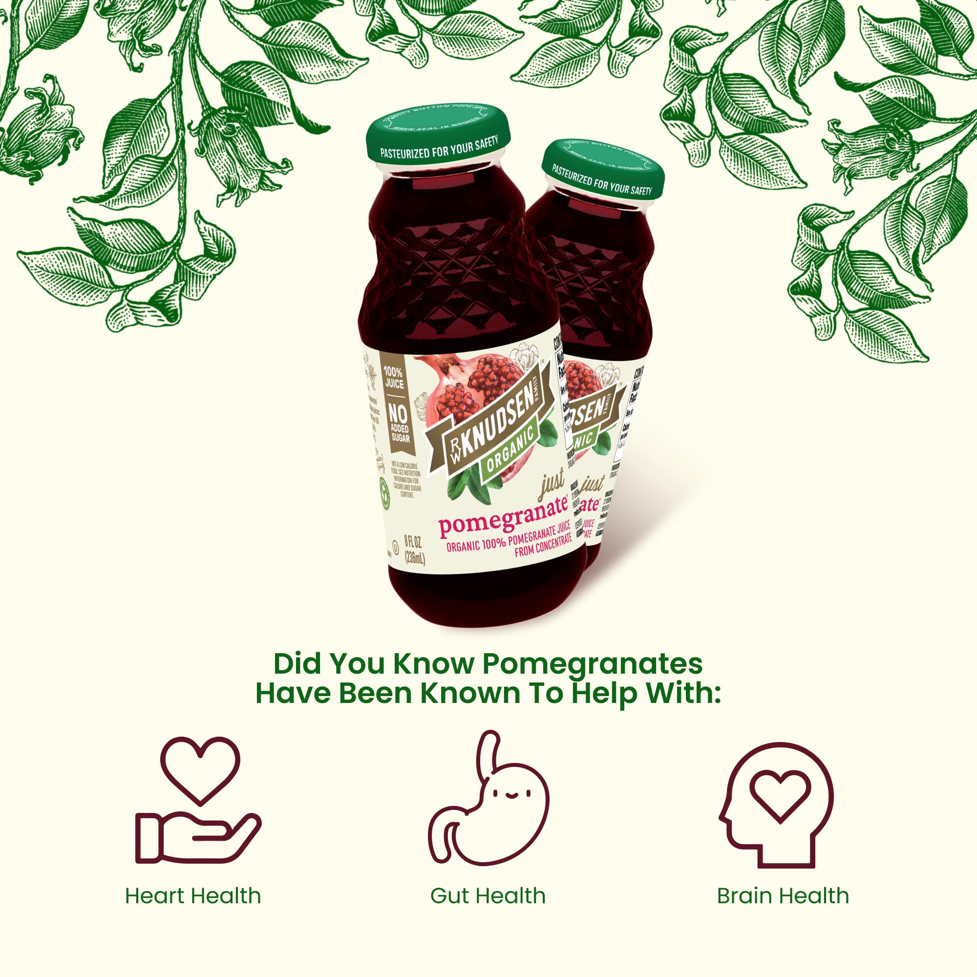 R.W. Knudsen Organic Pomegranate Juice 8oz pack, convenient single-serve bottles.