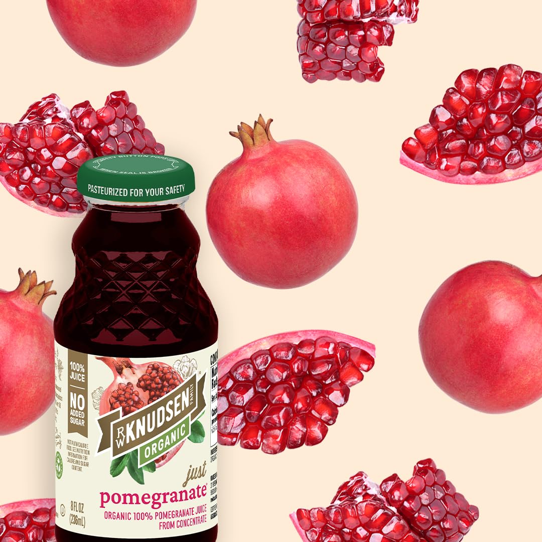 R.W. Knudsen Organic Pomegranate Juice close-up on label, vibrant red color.