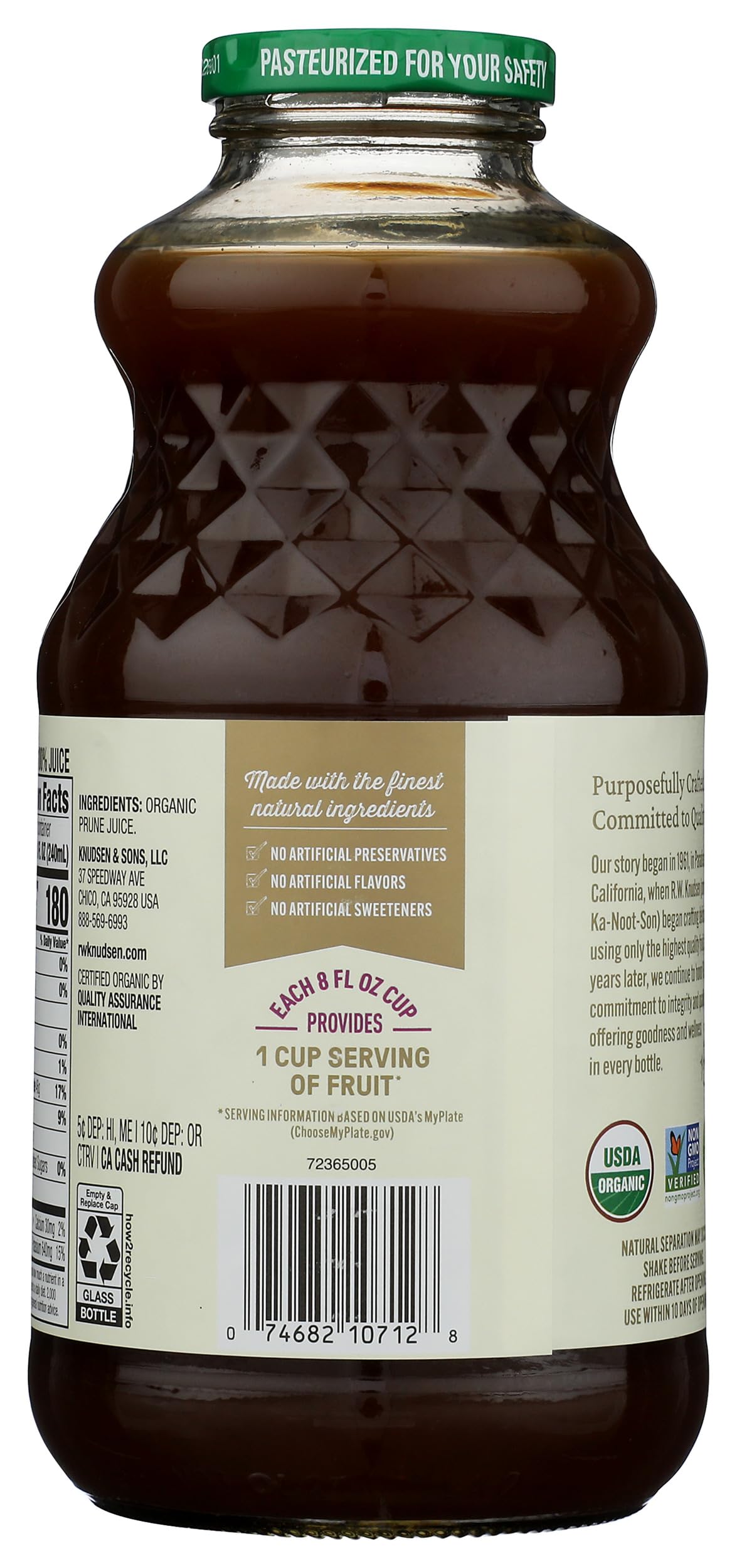 R.W. Knudsen Organic Prune Juice back panel with serving ideas.