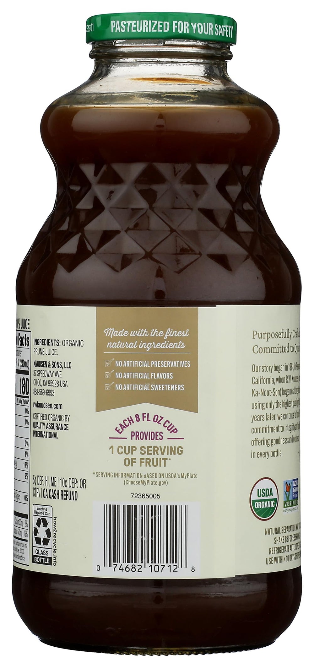 R.W. Knudsen Organic Prune Juice back panel with serving ideas.