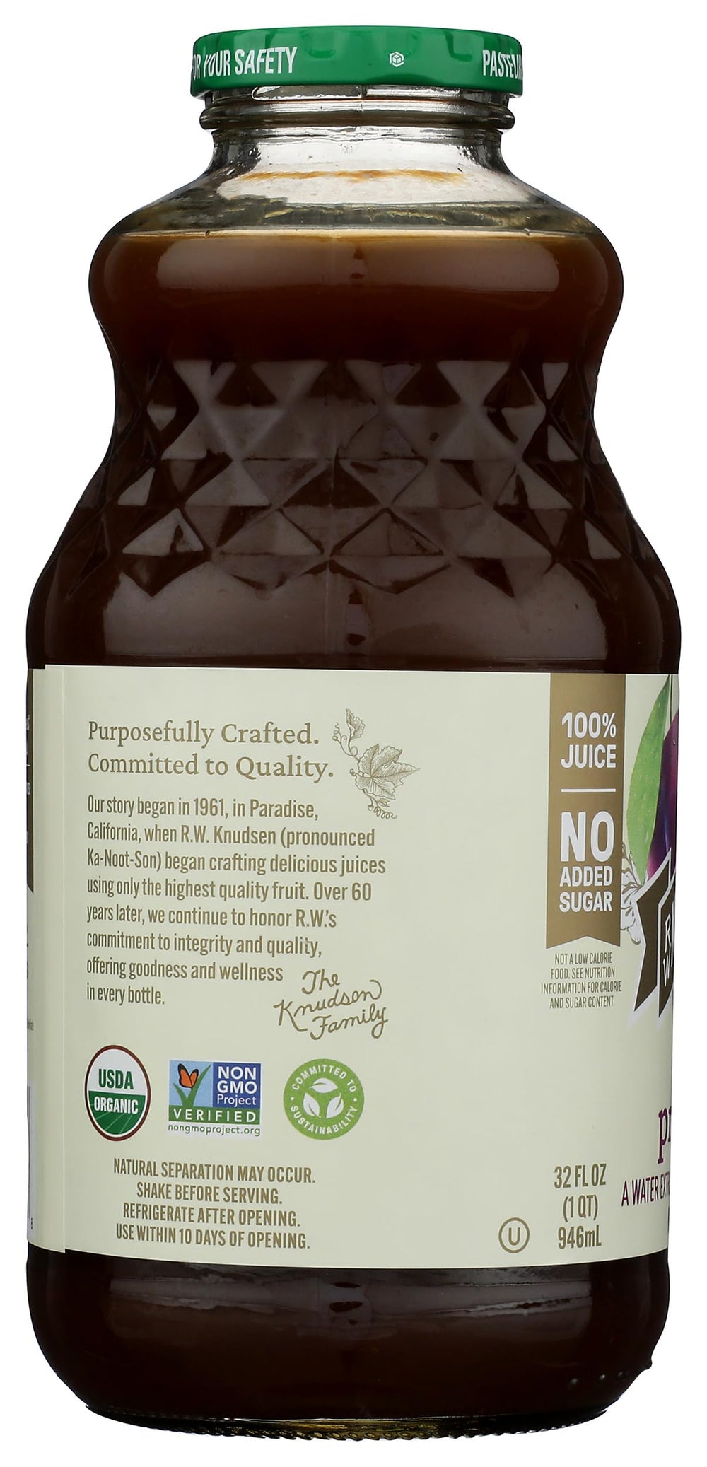 R.W. Knudsen Organic Prune Juice ingredients list highlights no artificial flavors.