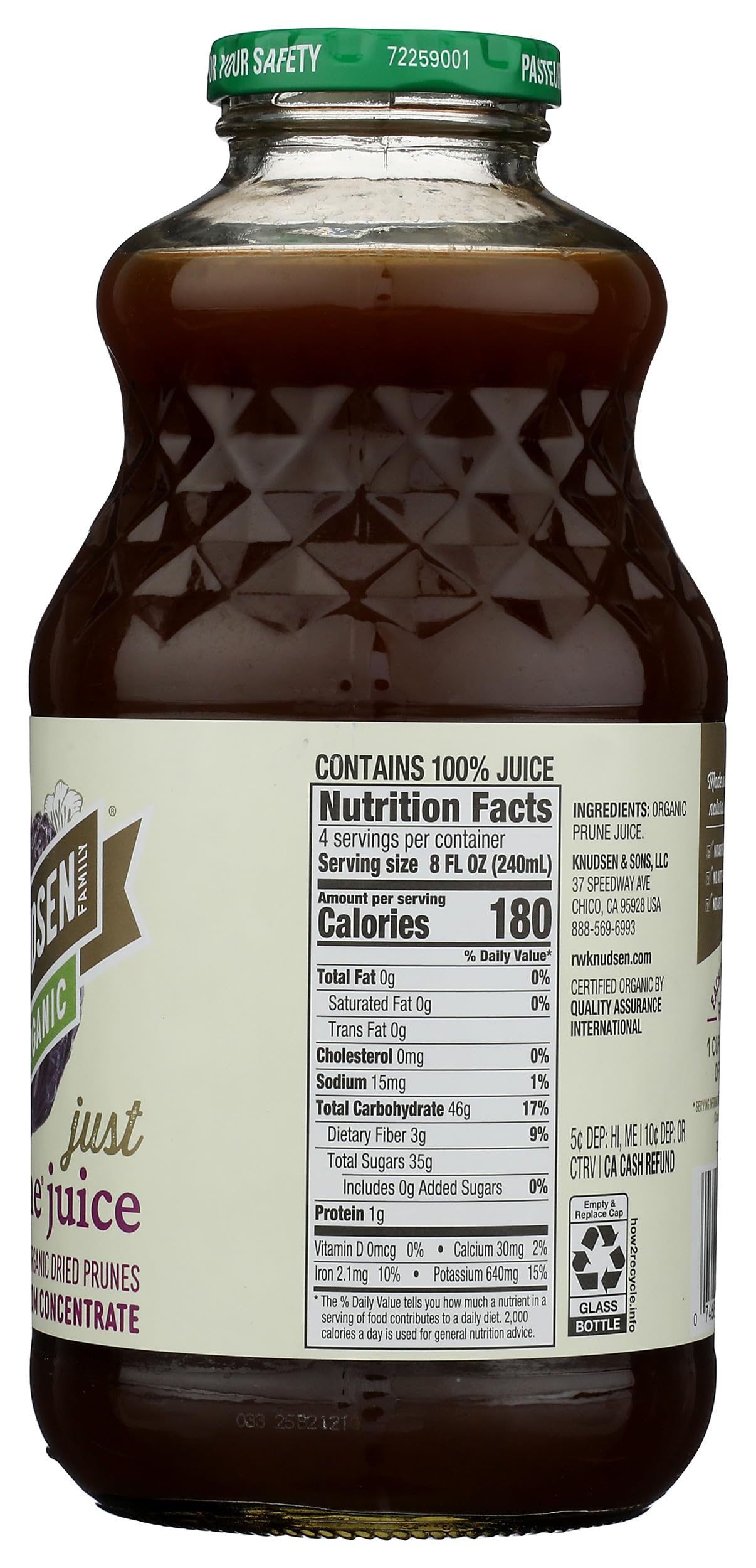 R.W. Knudsen Organic Prune Juice label close-up highlights pure ingredients.