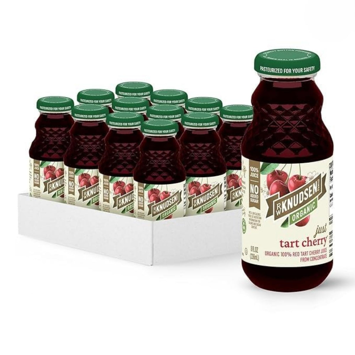 R.W. Knudsen Organic Tart Cherry Juice bottle showing 100% juice and organic certification