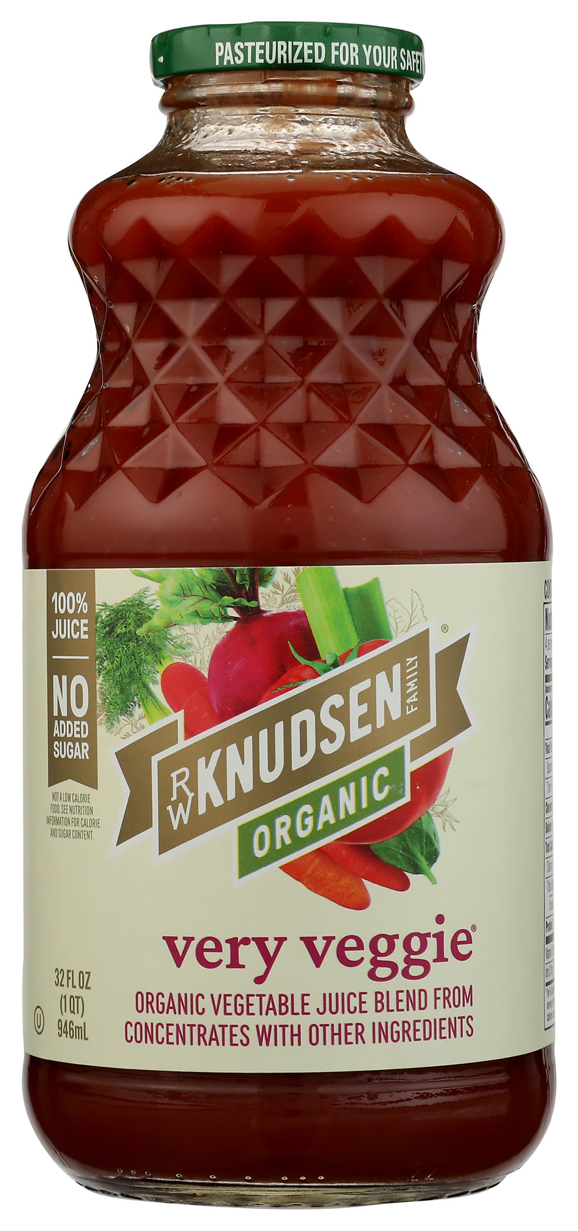RW Knudsen Very Veggie Juice bottle front label highlights organic ingredients for a clean veggie boost