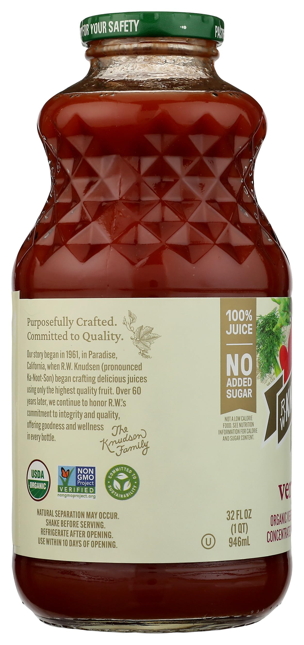 RW Knudsen Very Veggie Juice nutrition panel notes organic percentage and no added sugar