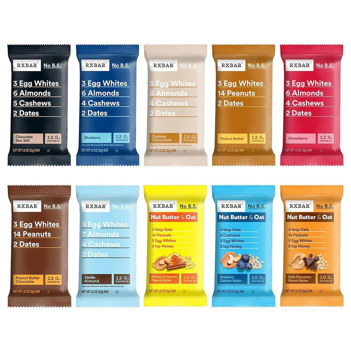 RXBAR assorted variety pack front view, convenient 20-bar box for busy days.
