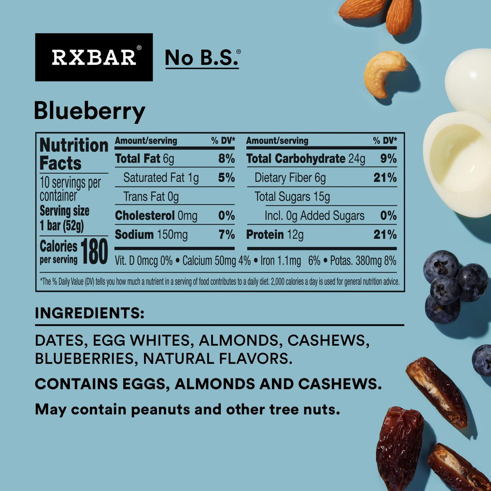 RXBAR Blueberry bar cross-section reveals protein-rich, simple ingredient layers.