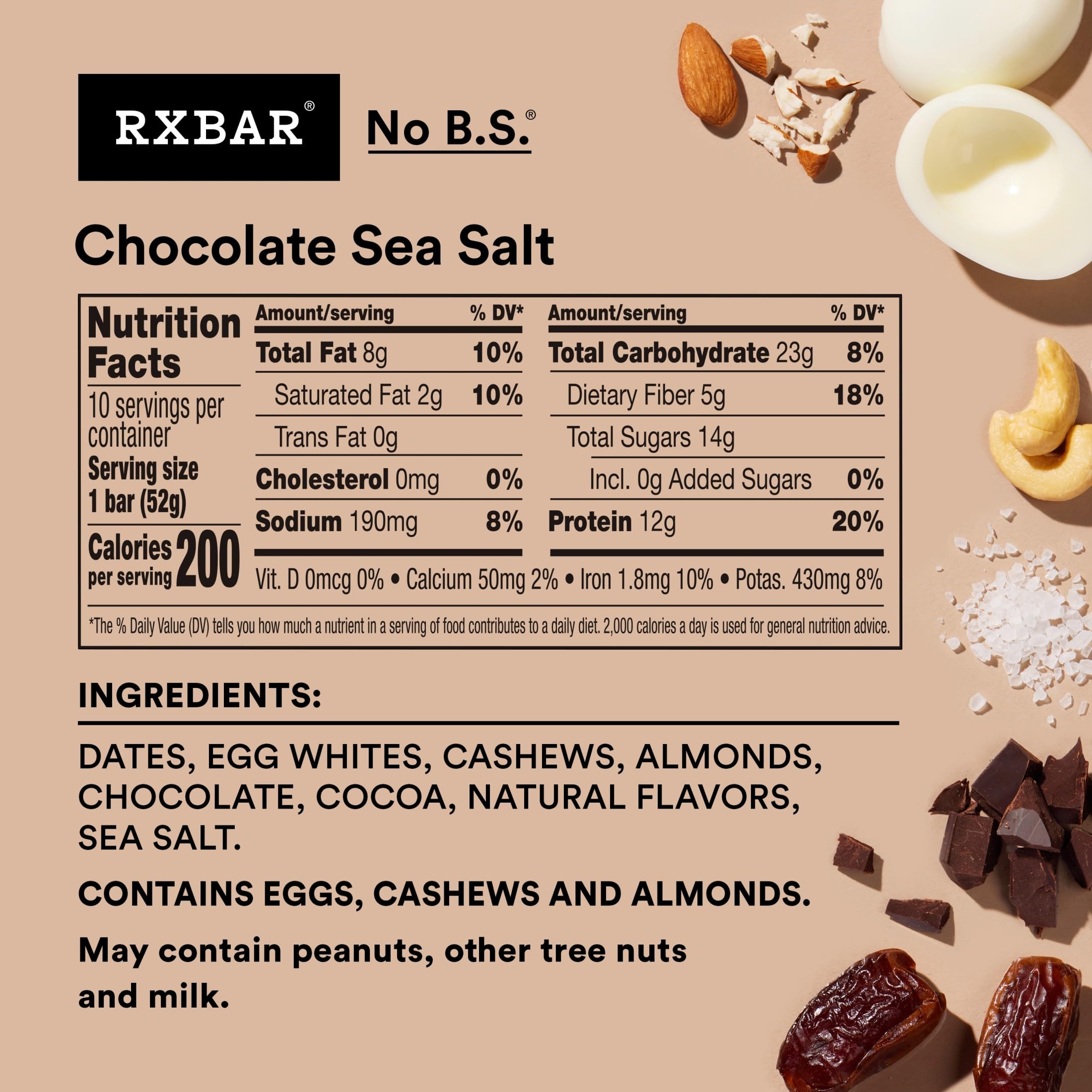 Close-up of RXBAR ingredients showing egg whites and nuts for a protein-forward snack.