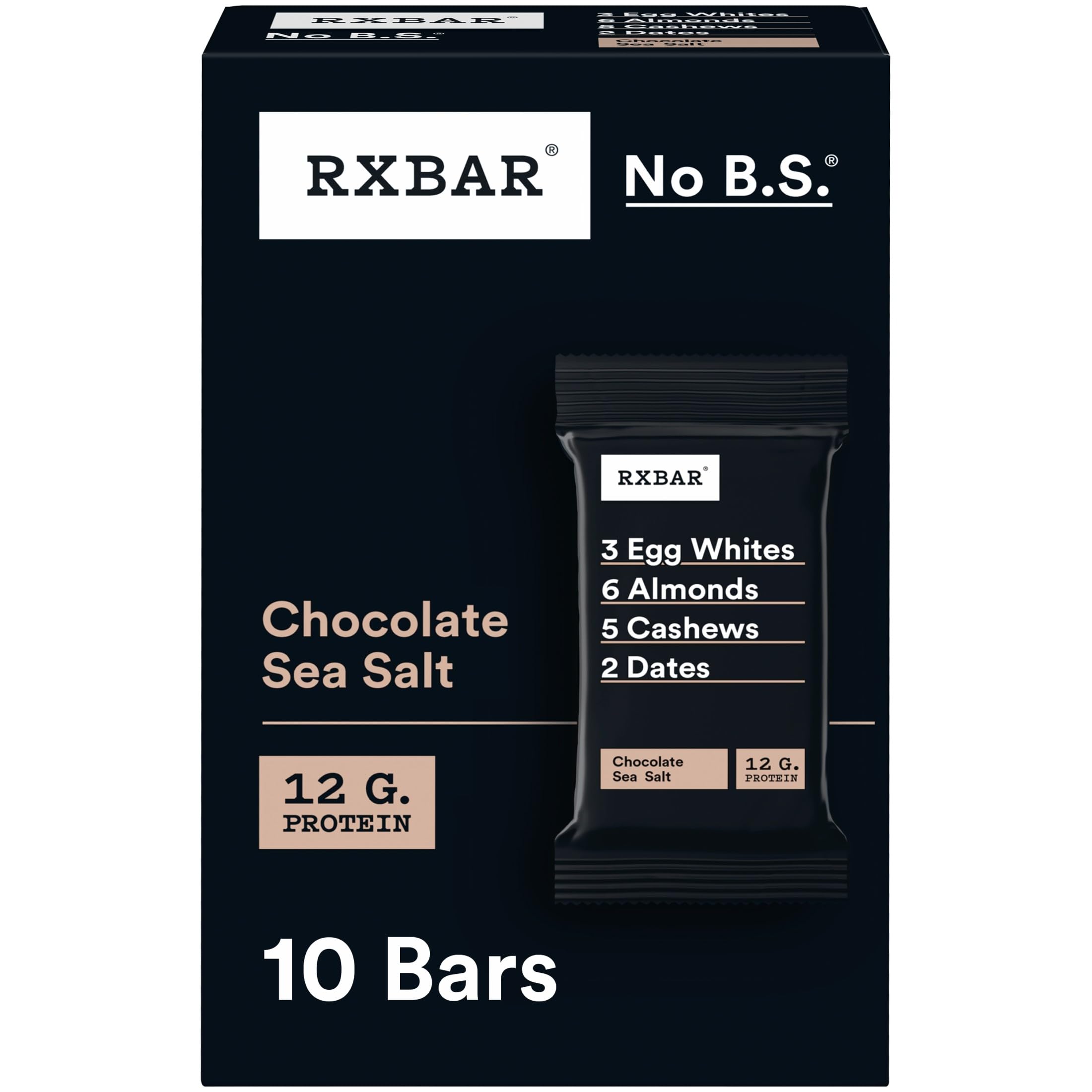 RXBAR Chocolate Sea Salt packaging highlights simple, real ingredients for quick protein.