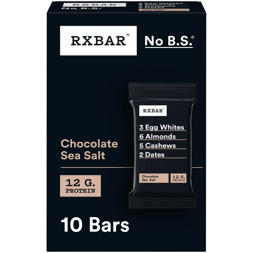 RXBAR Chocolate Sea Salt packaging highlights simple, real ingredients for quick protein.