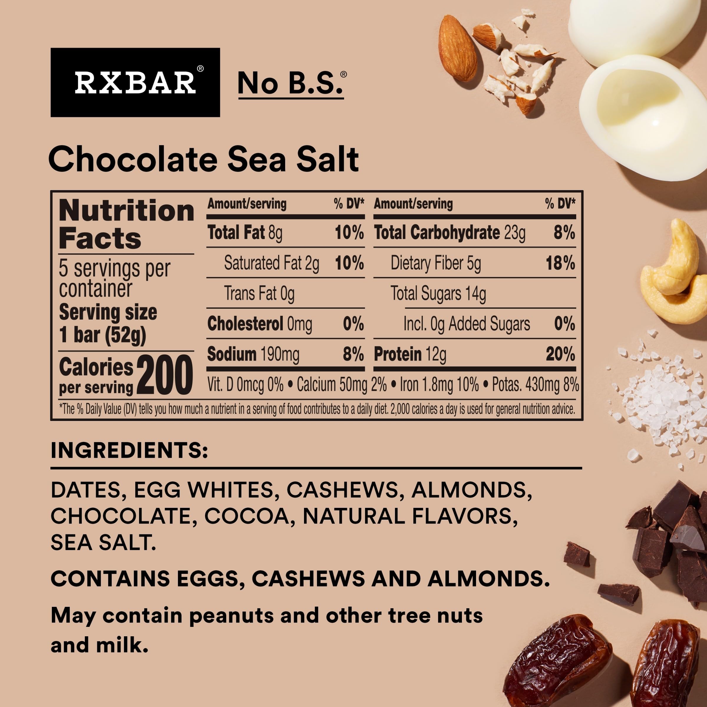RXBAR Chocolate Sea Salt ingredients close-up, highlighting almonds, cashews, and dates for wholesome snacking.