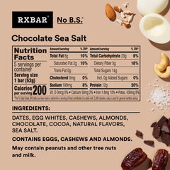 RXBAR Chocolate Sea Salt ingredients close-up, highlighting almonds, cashews, and dates for wholesome snacking.
