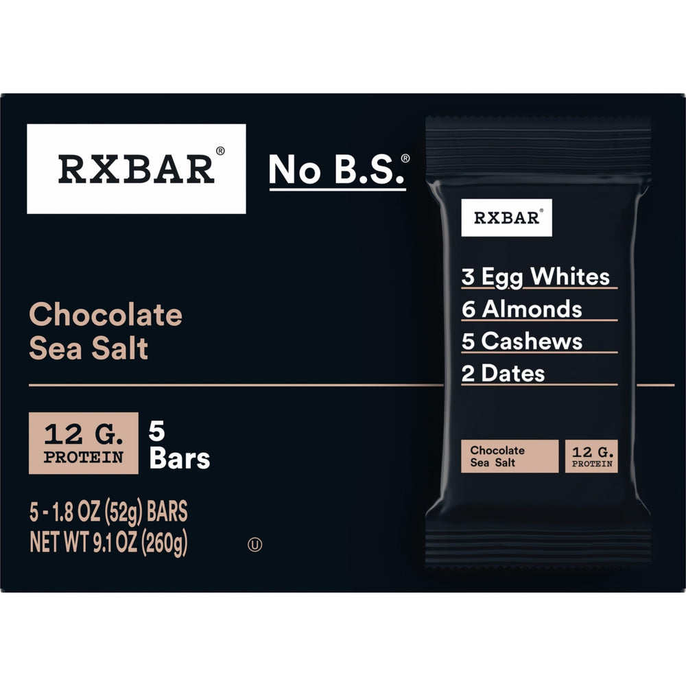 RXBAR Chocolate Sea Salt nutrition facts show 12g protein, gluten free.