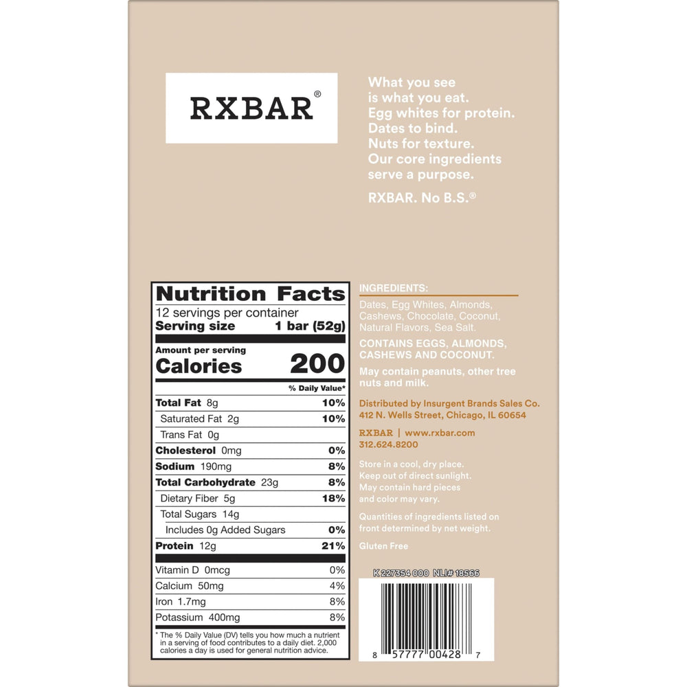 RXBAR Coconut Chocolate ingredients include eggs, almonds, cashews, coconut.
