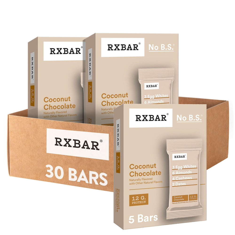 RXBAR Coconut Chocolate pack showing six bars for on-the-go energy.