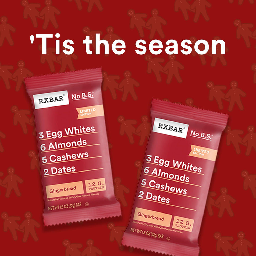 RXBAR Gingerbread ingredients label highlighting egg whites, nuts, and dates