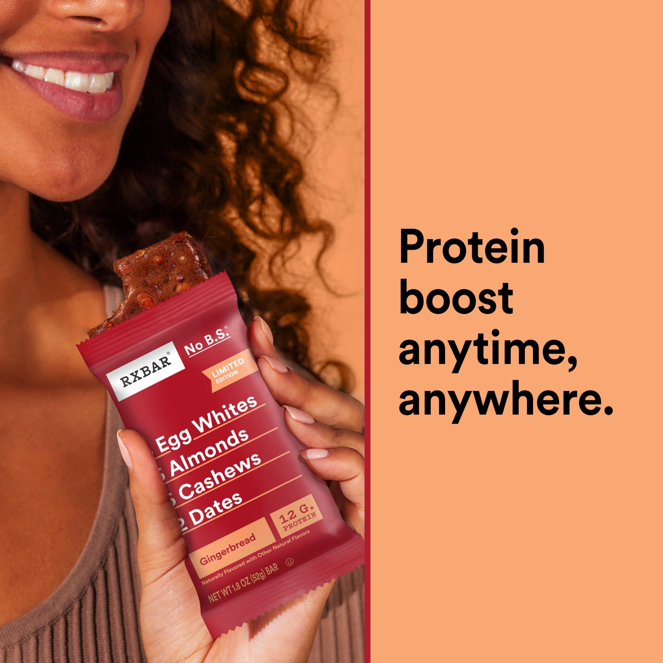 A single RXBAR Gingerbread bar showing 12g protein highlight