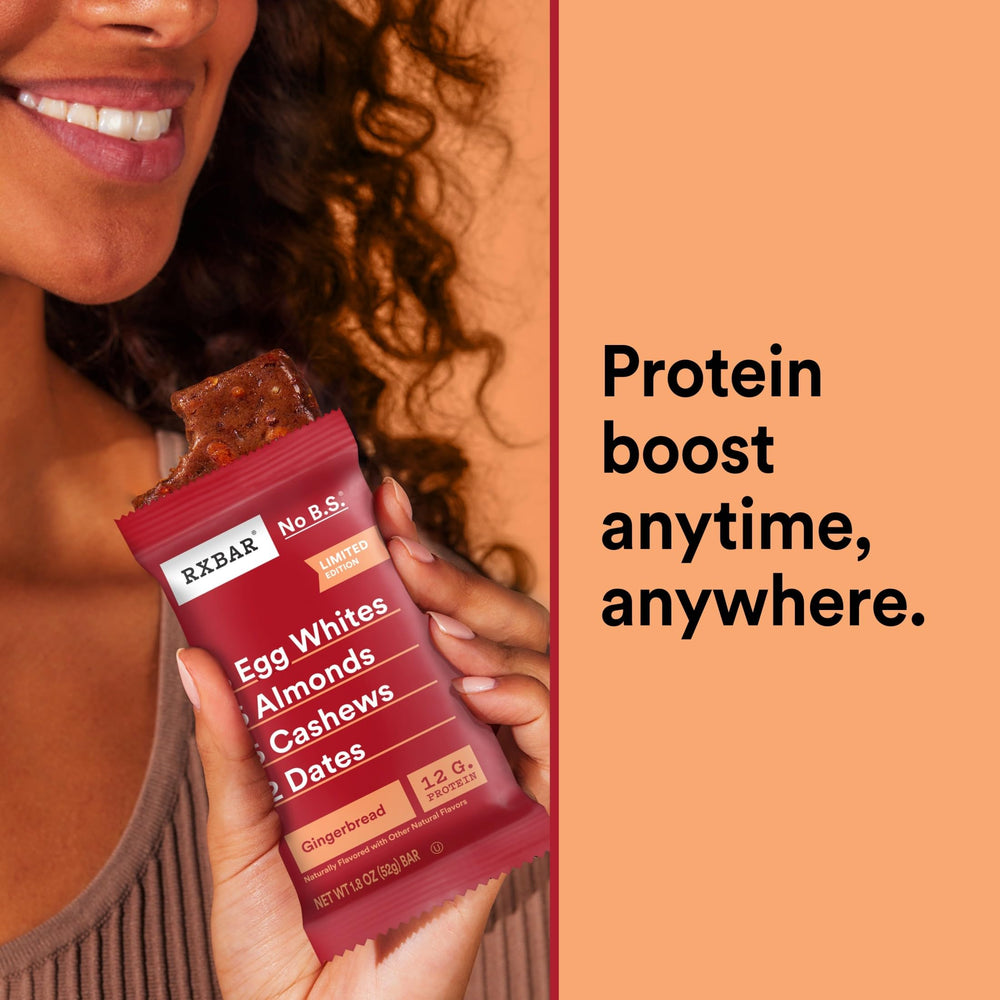 A single RXBAR Gingerbread bar showing 12g protein highlight