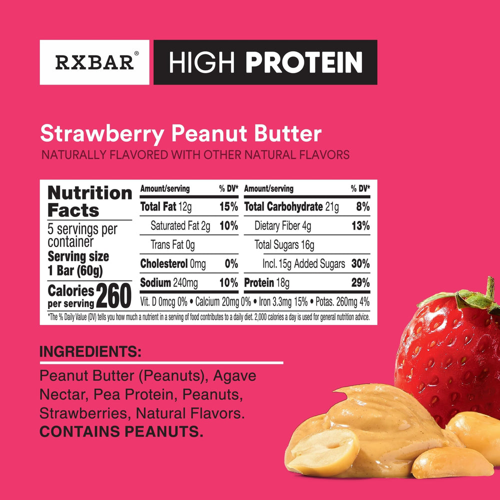 RXBAR High Protein Bar Strawberry Peanut Butter features chewy bite and natural sweetness.