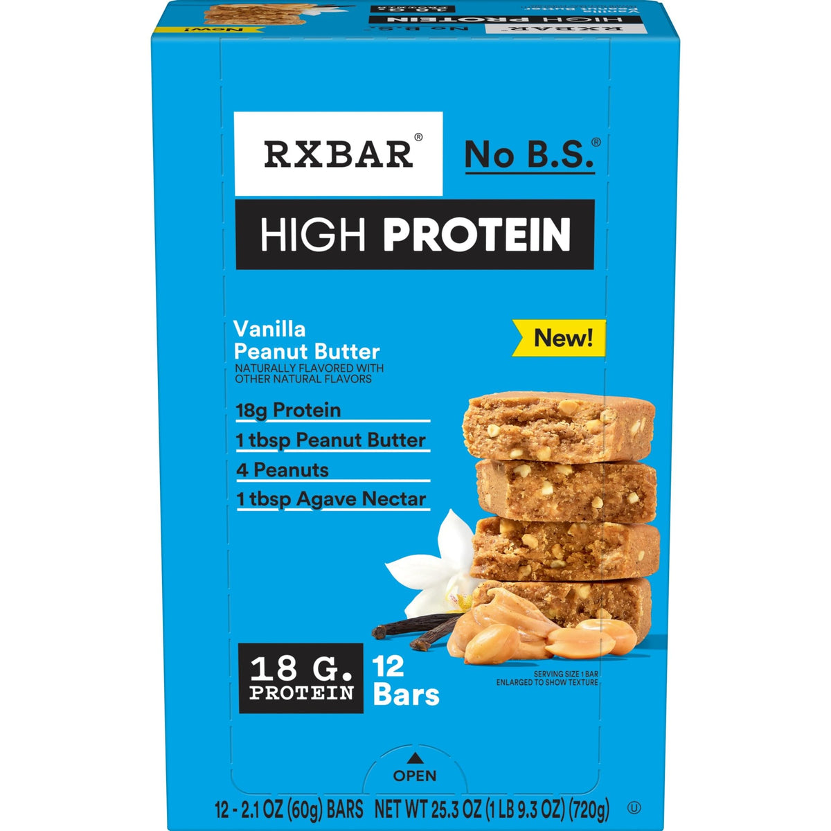 RXBAR High Protein Vanilla Peanut Butter bar box shown as gluten-free protein snack for on-the-go