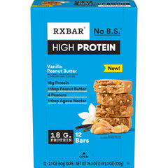 RXBAR High Protein Vanilla Peanut Butter bar box shown as gluten-free protein snack for on-the-go