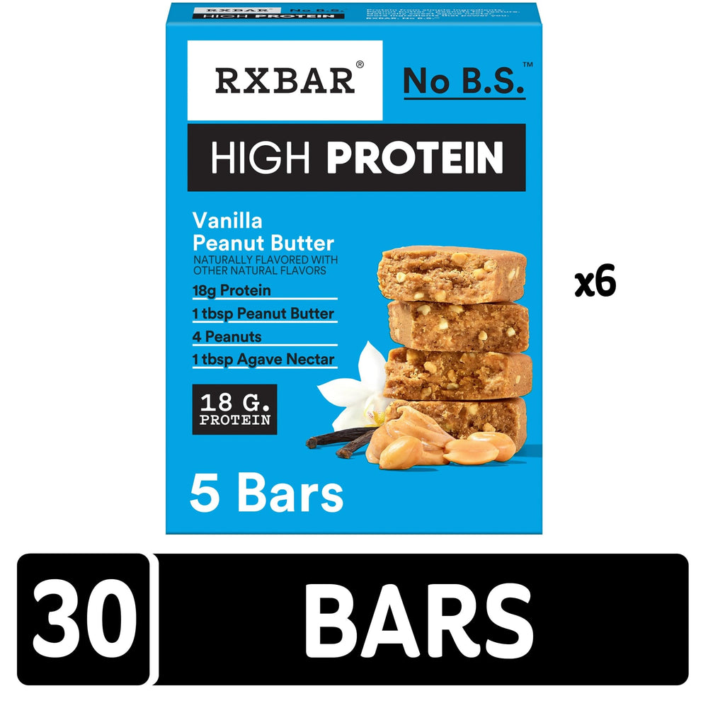 Close-up of RXBAR High Protein Vanilla Peanut Butter bar texture: creamy peanut butter and crunch