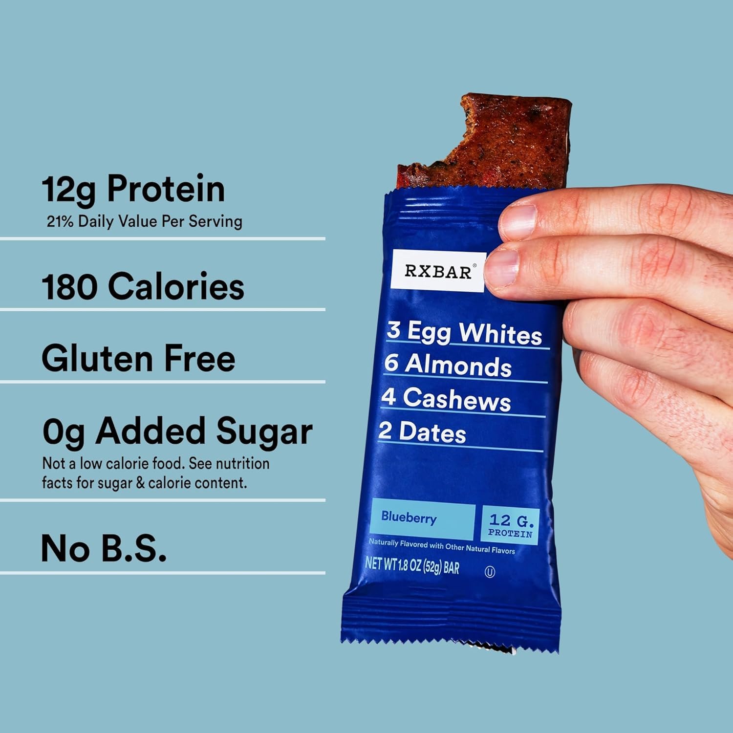 RXBAR ingredients close-up—nuts, egg whites, dates highlight simple nutrition.