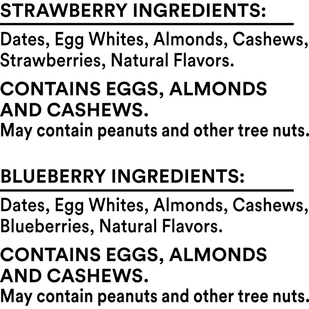 Close-up of RXBAR Minis ingredients: egg whites, almonds, cashews, dates