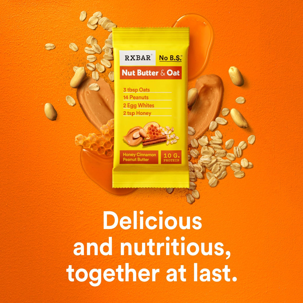 RXBAR Nut Butter and Oat Bar box front view with 12 bars.