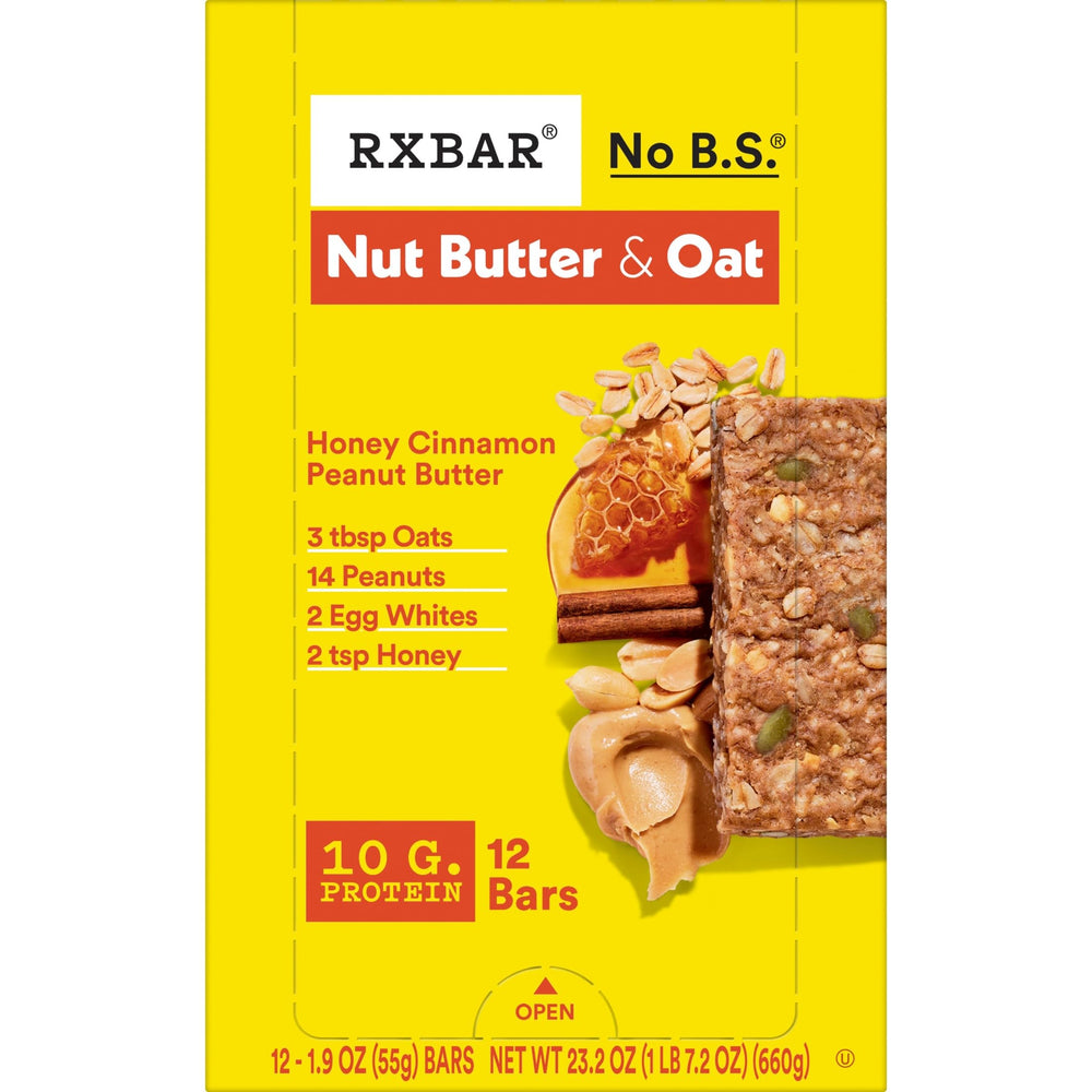 RXBAR Nut Butter and Oat Bar gluten-free label visible.