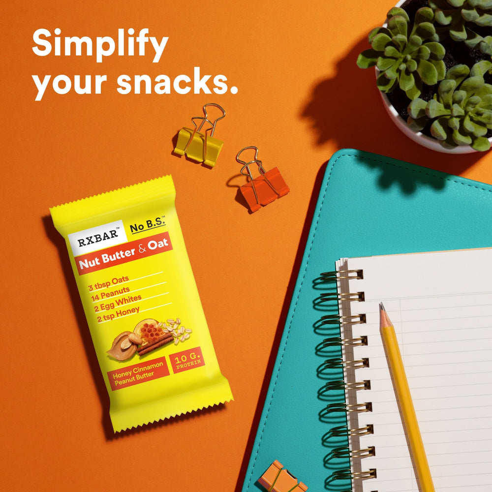 RXBAR Nut Butter and Oat Bar on office desk for a quick pick-me-up.