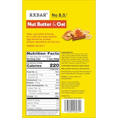 RXBAR Nut Butter and Oat Bar ingredients spotlight oats, peanuts, honey.