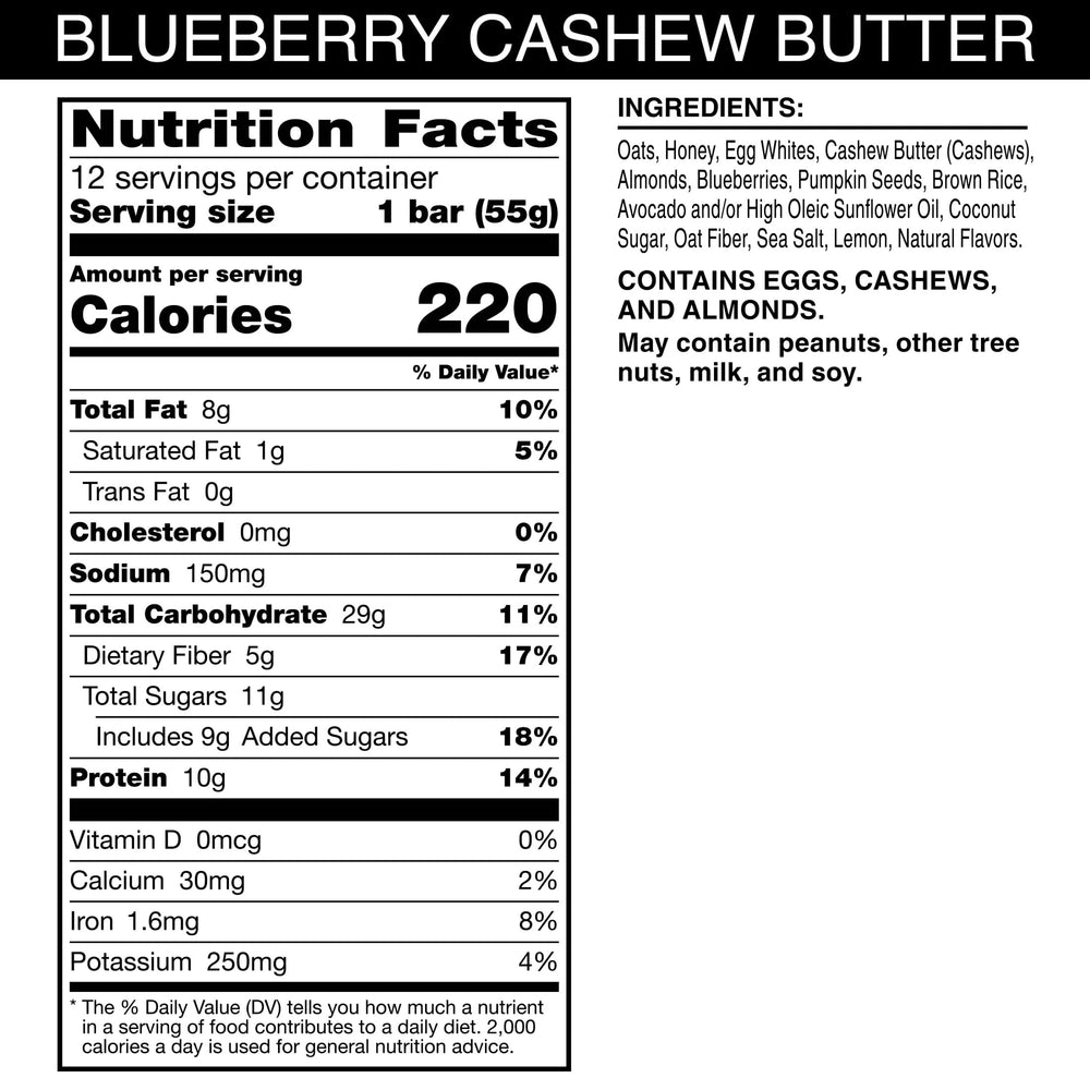 RXBAR ingredients close-up highlights oats, cashews, blueberries, and honey for clean energy