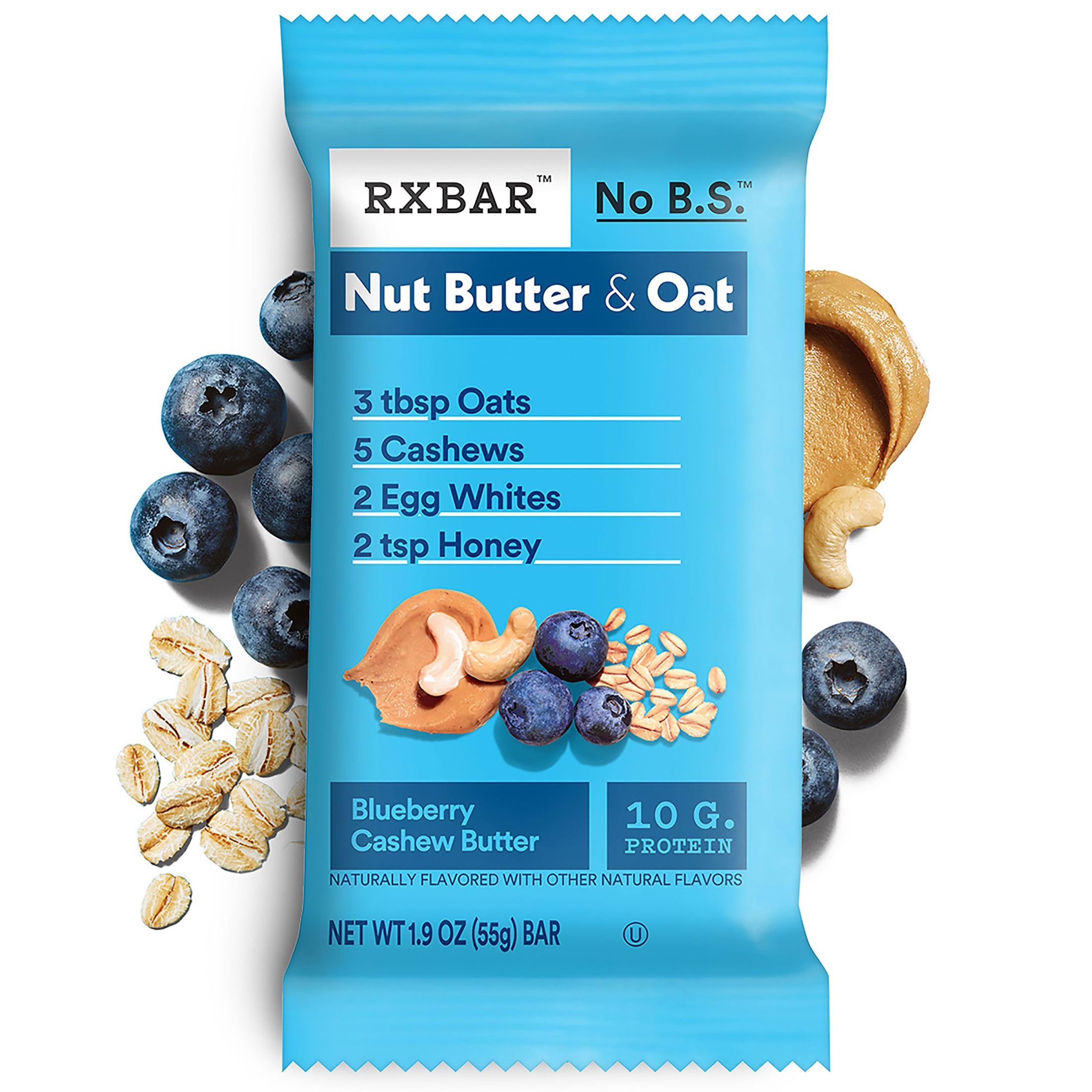 RXBAR Blueberry Cashew Butter bar close-up highlights blueberries and whole grains.