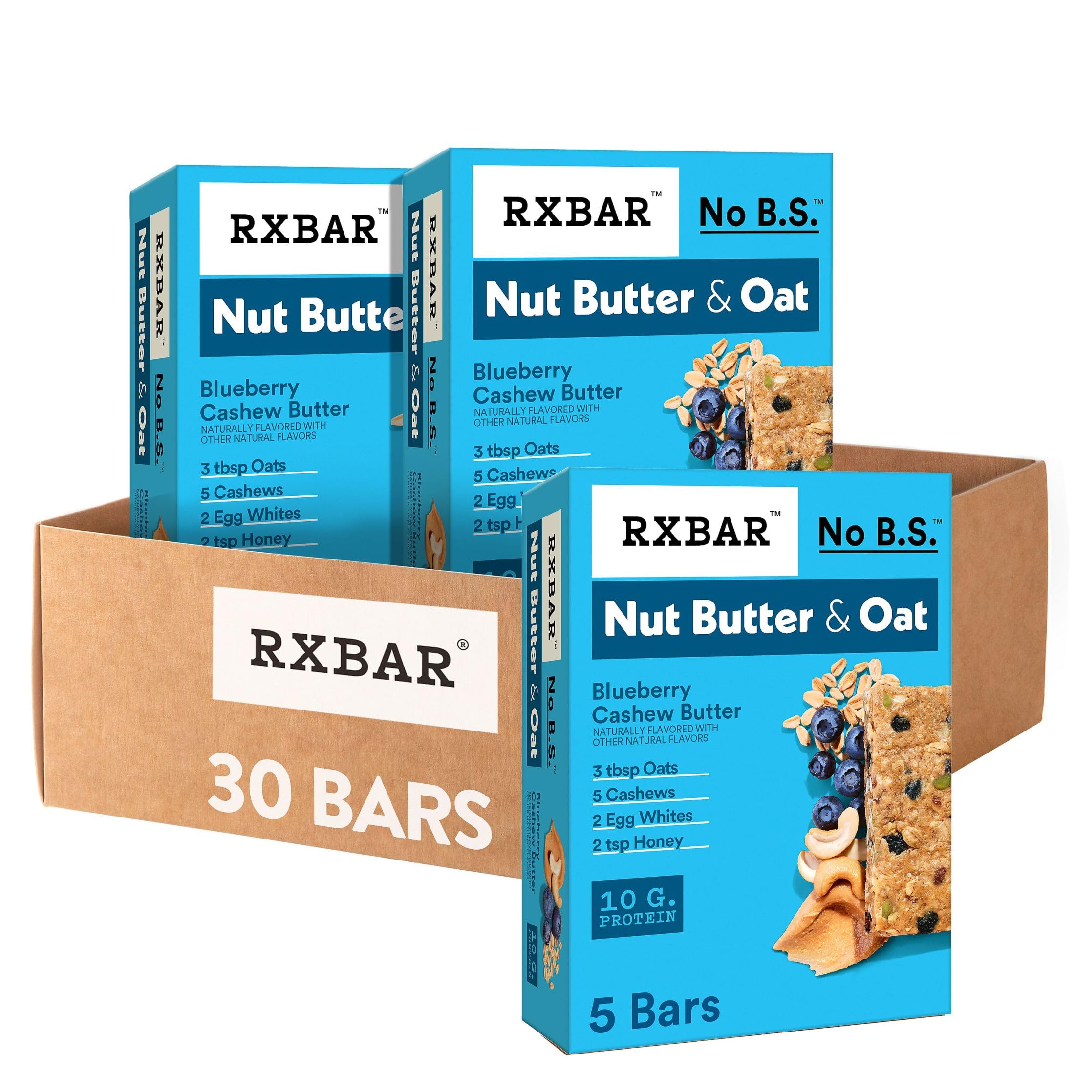 RXBAR Nut Butter and Oat Blueberry Cashew Butter bars packaging shown for on-the-go snacking.
