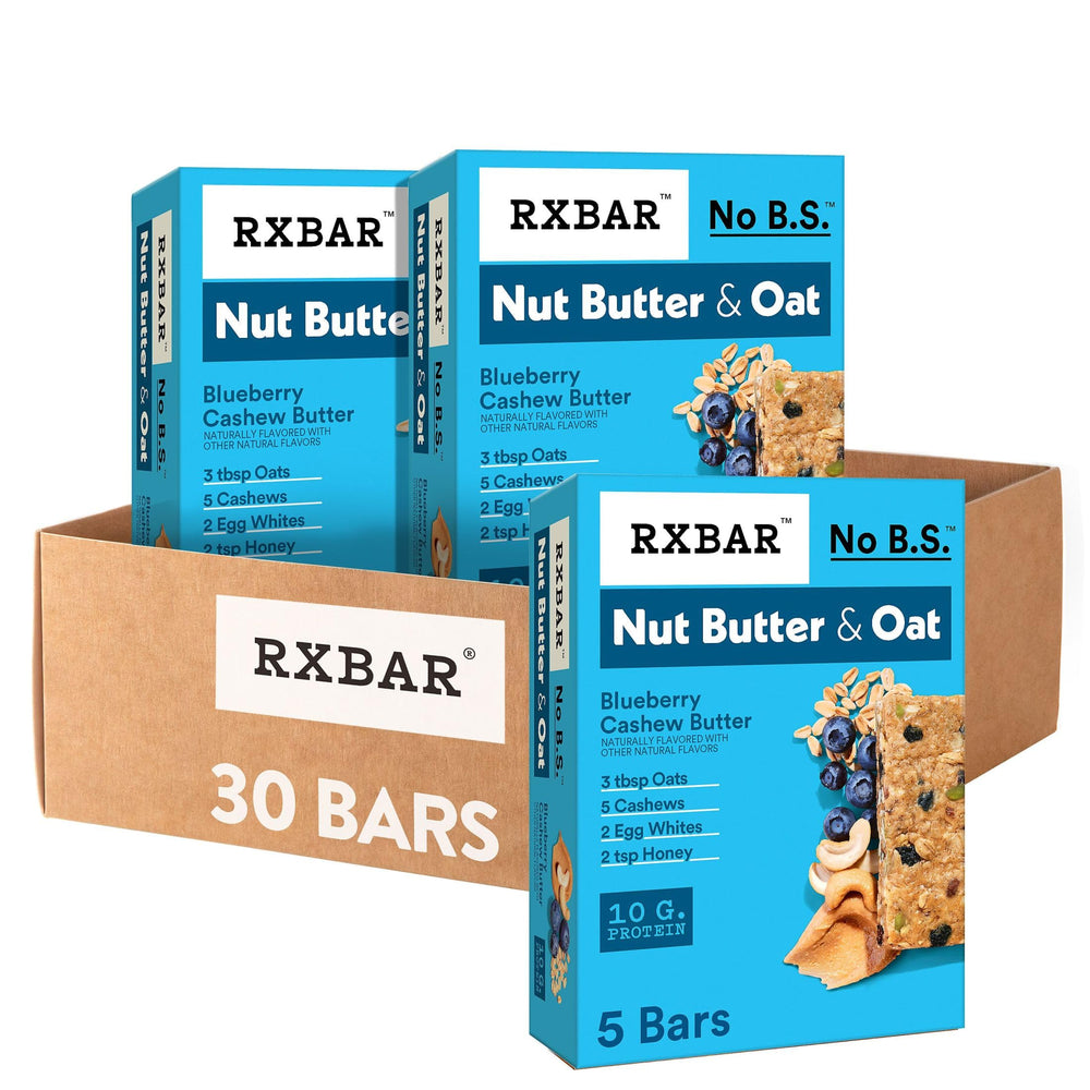 RXBAR Nut Butter and Oat Blueberry Cashew Butter bars packaging shown for on-the-go snacking.